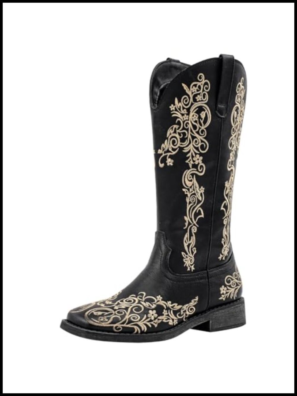 Faux Leather Square Toe Cowboy Boots Floral Embroidered Wide Calf